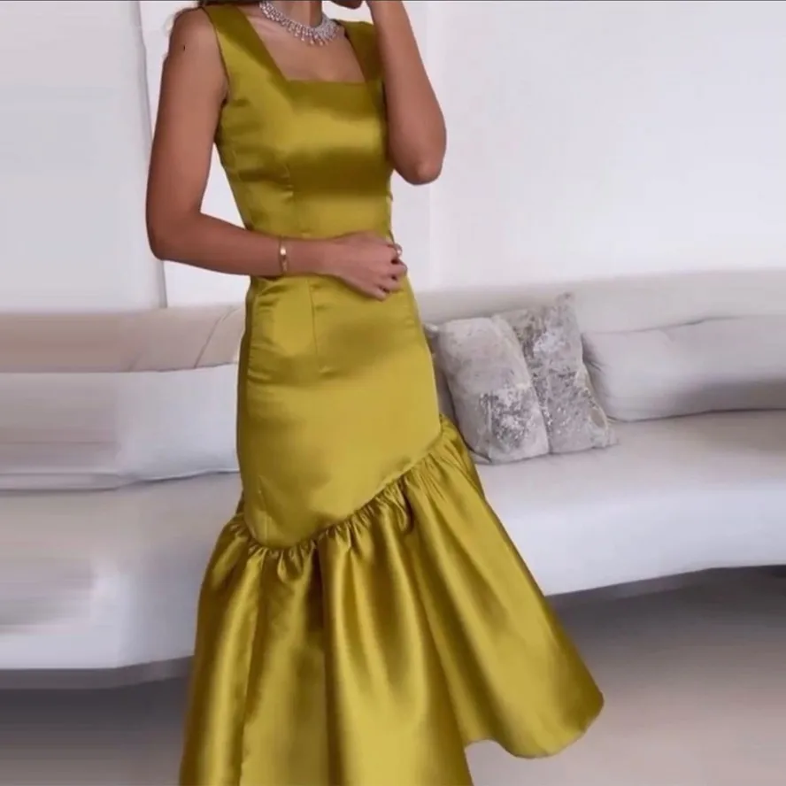 Army Green Mermaid Floor Length Formal Prom Dresses Satin Asymmetric Evening Party Gowns Saudi Arabic Vestidos Robe De Soiree