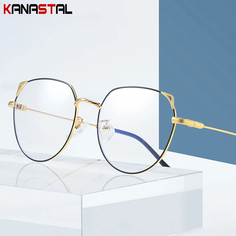 Women Blue Light Blocking Glasses Cat Ears Literary Metal Eyeglasses Frames Ladies Computer Eyewear Prescription Reading Glasses