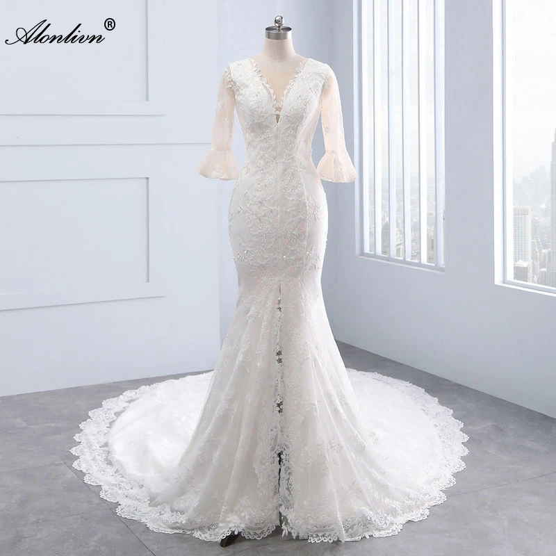 Alonlivn Customize Made V-neck Mermaid Wedding Dresses Unique Appliques Lace Flare Sleeves With Button Sweep Train Bridal Gowns