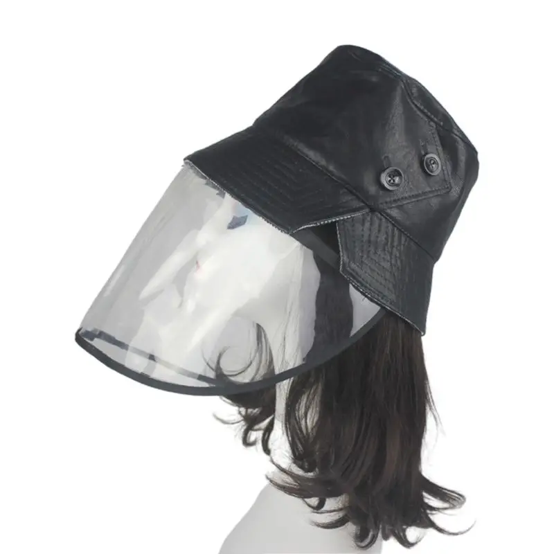 

Unisex Detachable Face Shield Bucket Hat Leather Side Slit Button Fisherman Cap A0NF