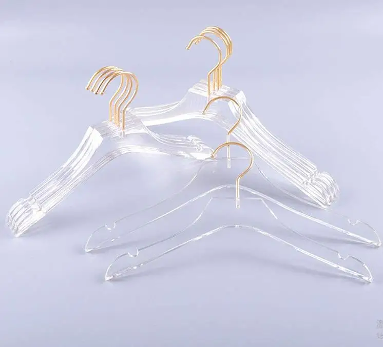 

Luxury Clothes Hangers Clear Acrylic Dress Hangers with Gold Hook Transparent Shirts Holders with Notches for Lady Kids SN1594