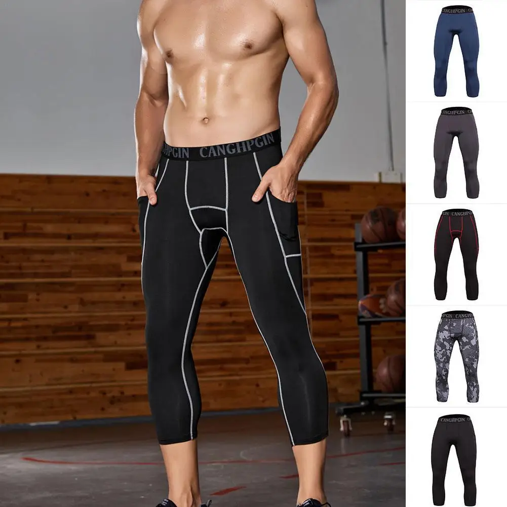 

Men's Running Sports Stretch Shorts Fitness Workout 3/4 Men Compression Pants With Pocket Cycling Training Tights Leggings