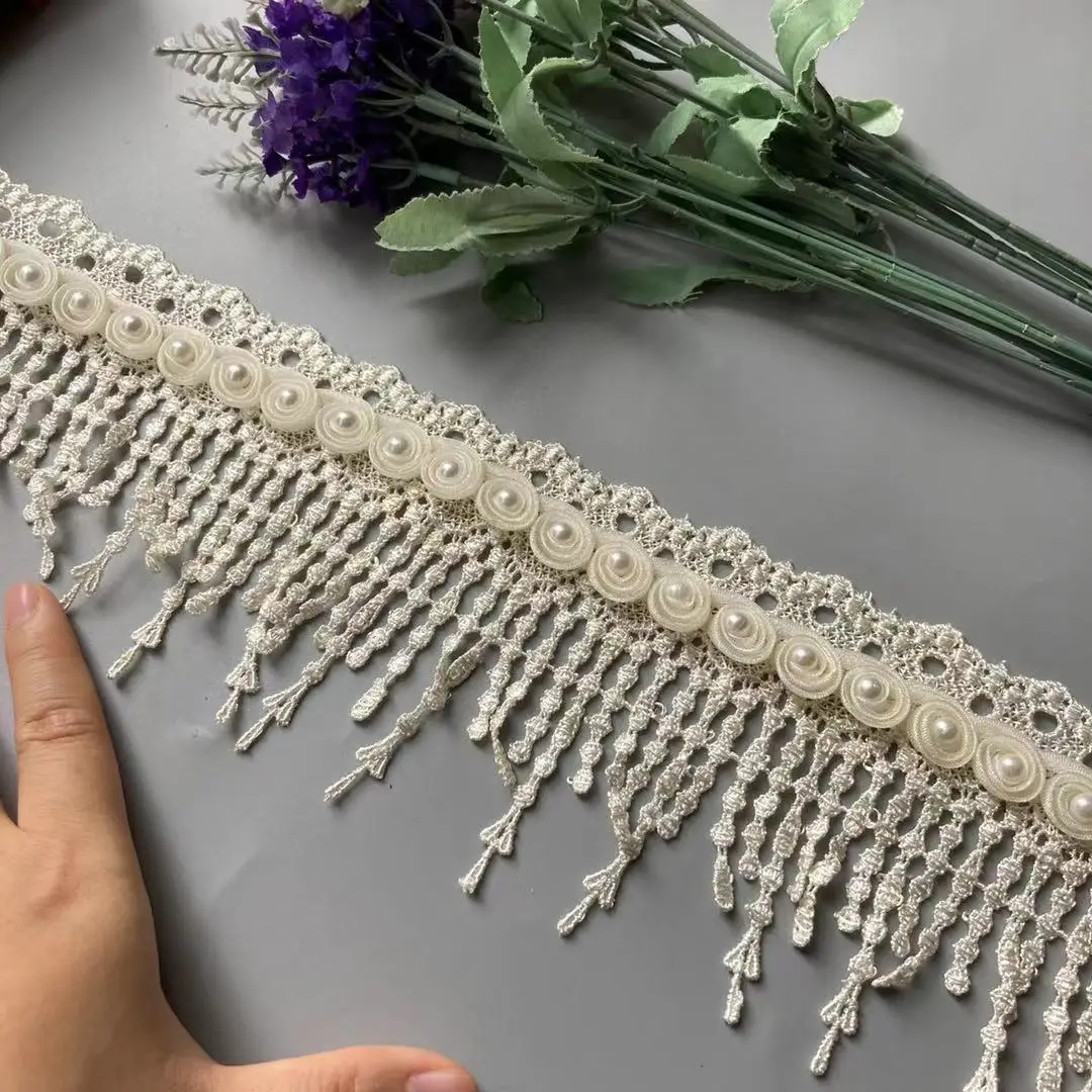 

2 Yard Tassel Ivory Plum Flowers Pearl Lace Trimmings Ribbons Beaded Fabric Embroidered Curtain Sewing Wedding Dress Clothes 8cm