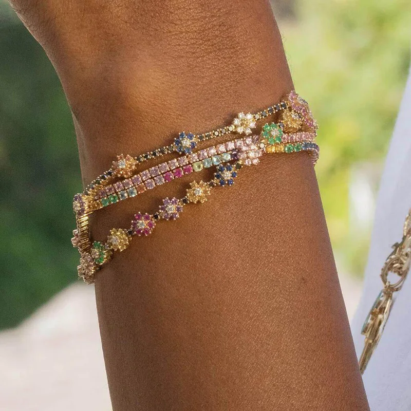 Gold Color Red Green Blue CZ Paved Flower Charm Bracelets Tennis Chain Rainbow Zircon Stone Bangle Fashion Women Jewelry