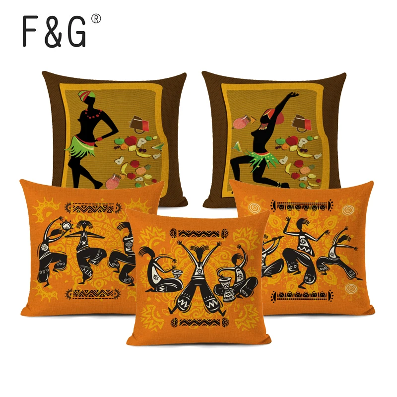 

African Dance Cushion Cover Cartoon African Style Decorative Pillow Case Linen Cushion Home Decor Throw Pillow Cover