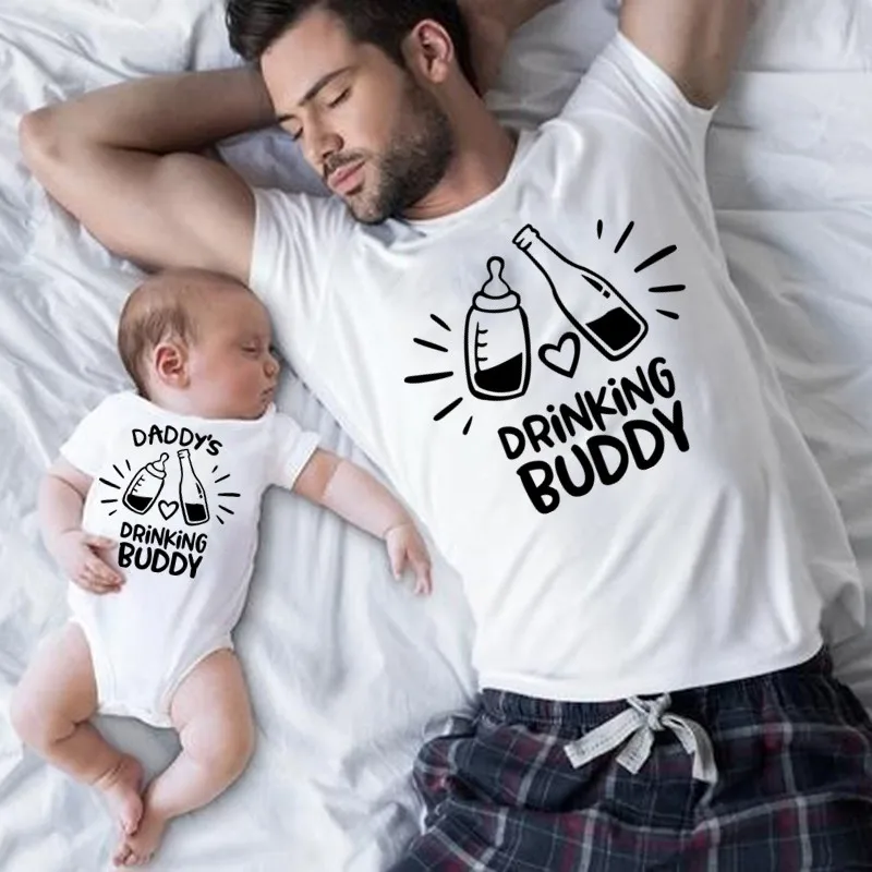 Drinking Buddy and Daddy's Drinking Buddy Father Kid Baby Family Matching Clothes Cotton Casual Family Look Daddy and Son Tshirt