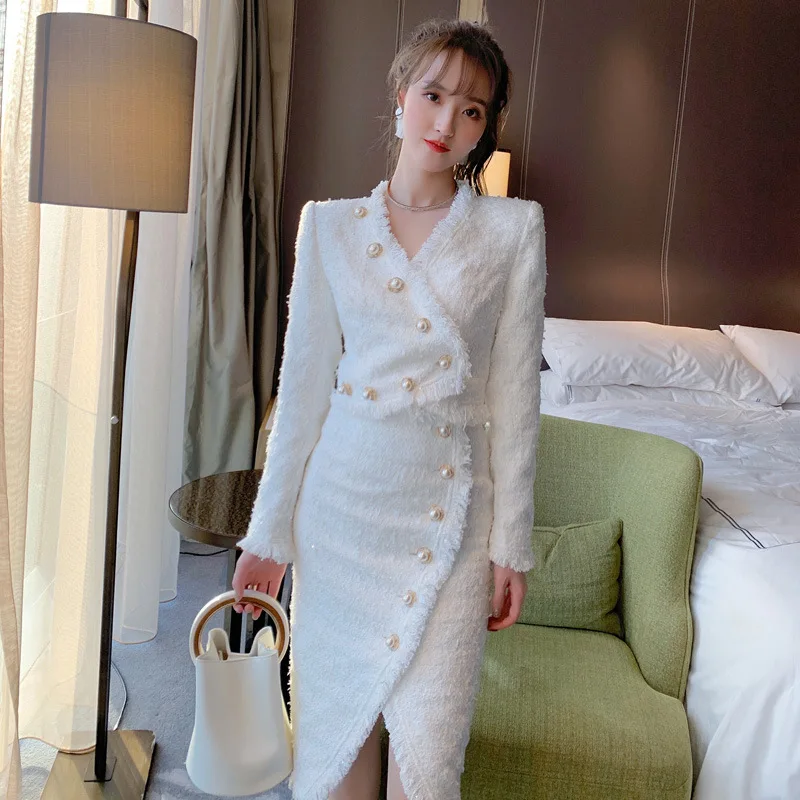 

2023 Autumn High End Women Suit Two Piece Set for Women Tweed Single Button White Blouse and Split Wrap Skirt Ladies 2 Piece Set