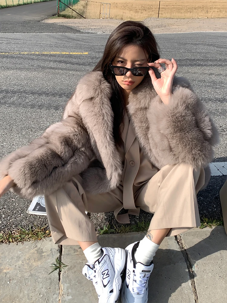 Luxury Women Natural Fox Fur Jacket With Lapel Collar Winter Fashion Woman Genuine Full Pelt Fox Fur Coats Female Outwear Trendy