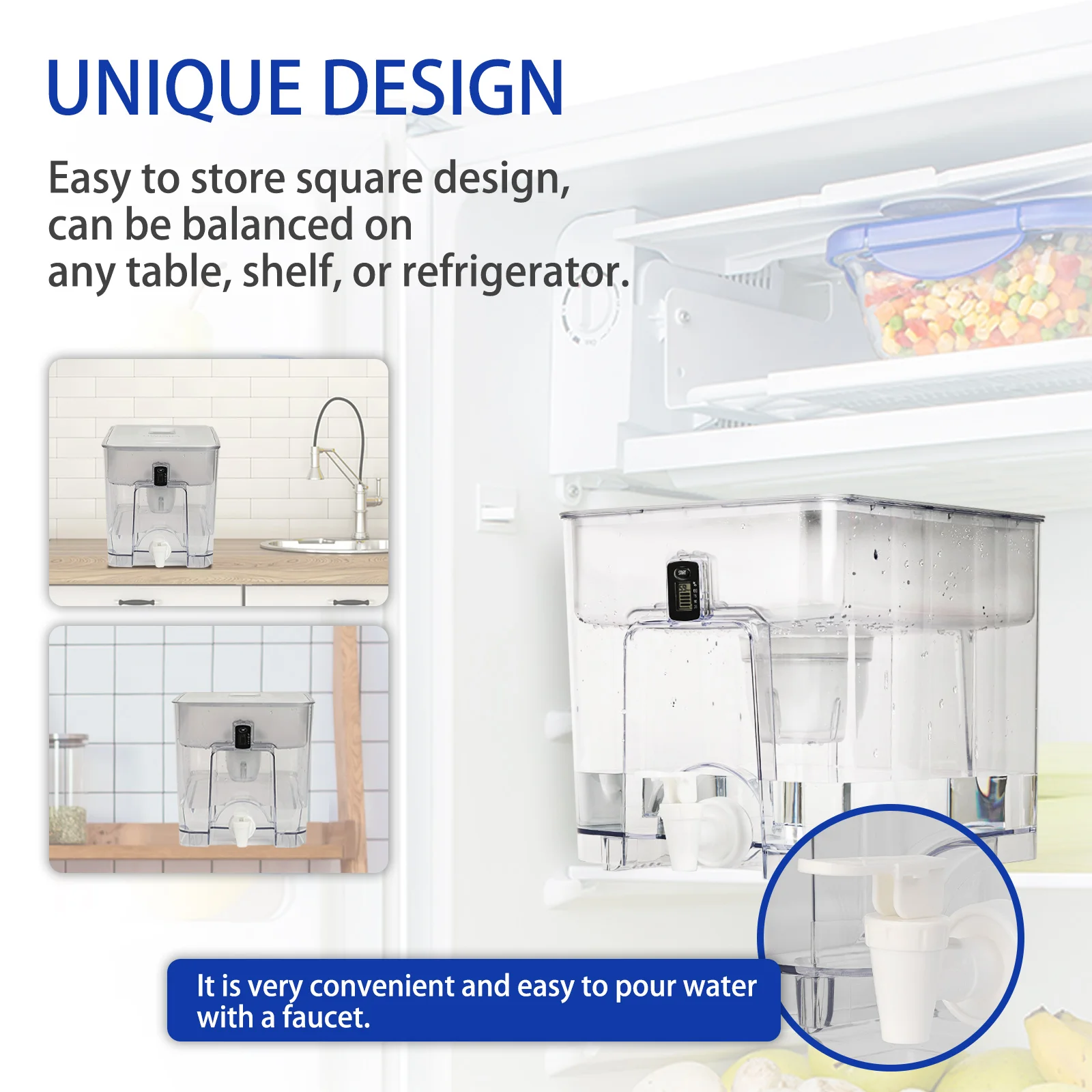 Owiara四角い水フィルターピッチャー、1つのフィルター、活性炭フィルターの有効化、特大、白