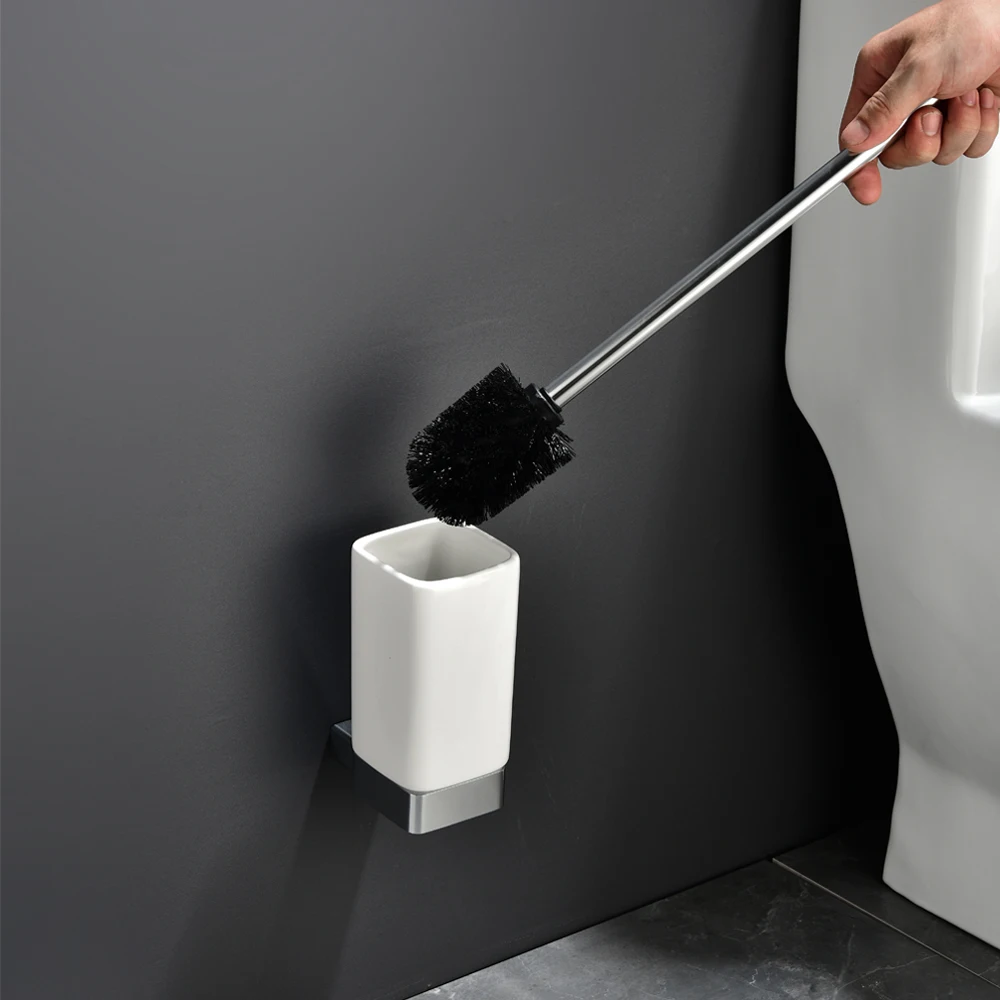 Aluminum Toilet Brush Holders Bathroom Accessories Wall Mounted Ceramic Cup Holders For Brush With Aluminum Handle Clean Toilet