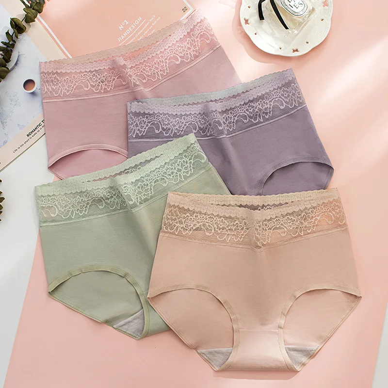 Elifashion New Abdomen High Waist Sexy Solid Color Underwear Women Lace Flowers Combed Cotton Ladies Briefs