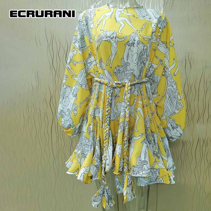 

ECRURANI Print Lace Up Ruched Dress For Women O Neck Lantern Long Sleeve High Waist Print Mini Dresses Females New Clothing 2022