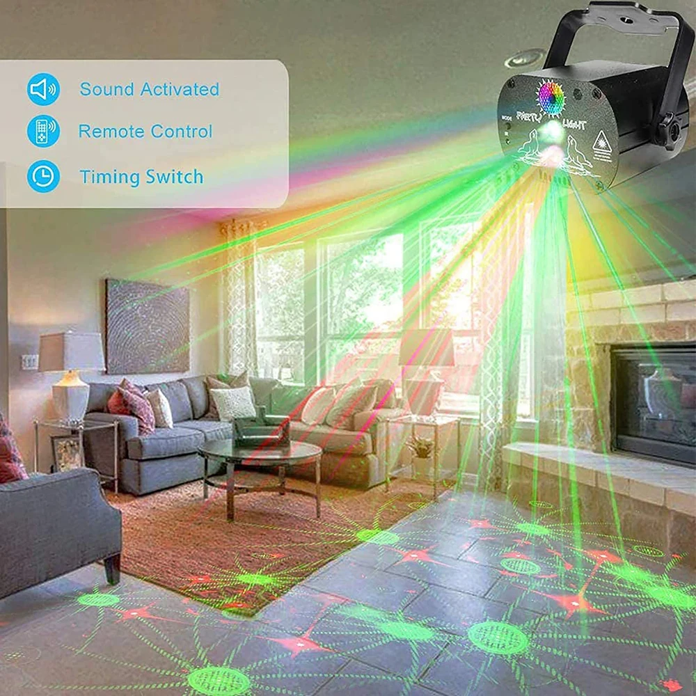 Mini DJ Disco Light Laser Projector 60 Patterns Party Strobe Lamp Sound Control RGB LED for Dance Floor Stage Effect Lighting