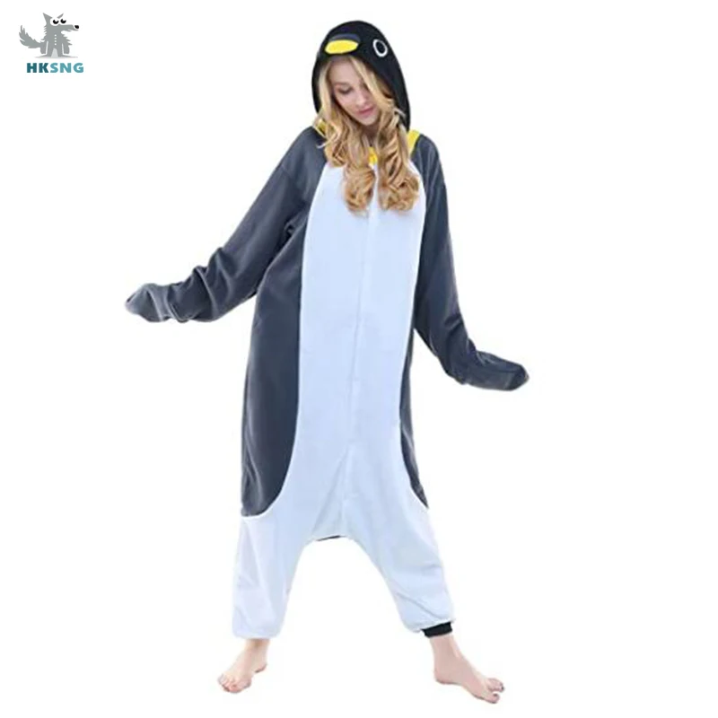 HKSNG ใหม่ผู้ใหญ่สัตว์สีเทาเพนกวิน Onesie Kigurumi ชุดนอนการ์ตูนสีเทาขนแกะเครื่องแต่งกาย Jumpsuits คริสต์มาสของขวัญสำหรับผู้หญิงผู้ชาย