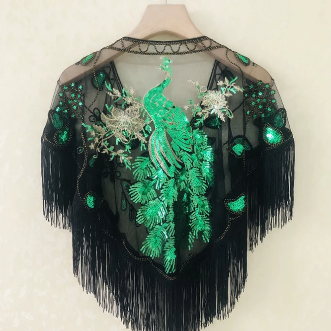 Chinese Phoenix Spring Summer Women's Sequins With Shawl Top New Mesh Cloak Girl Versatile Sunscreen Fashion Lace Blue