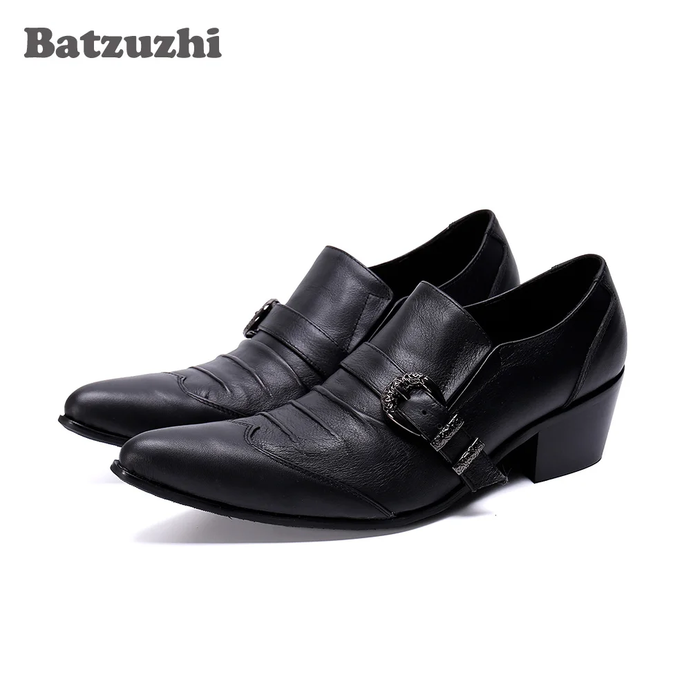 Batzuzhi 6.5CM Heels Men's Shoes Pointed Toe Black Genuine Leather Dress Shoes Man Slip on Formal Business, Party Footwear!