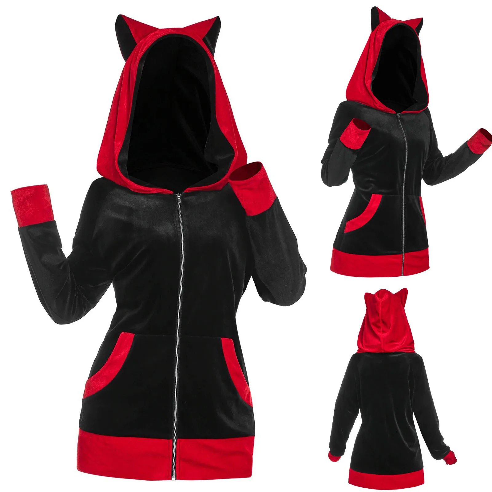 Fashion Women Cat Ears Hooded Sweatshirt Coat Autumn Winter Casual Patchwork Long Sleeve Pocket Zipper Plush Sweatshirts Outwear