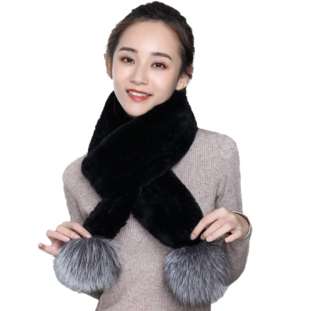 Women Real Rex Rabbit Fur Scarf Silver Fox Fur Balls Winter Warm Handmade Neckerchiefs Fluffy Soft  Black Beige Pink