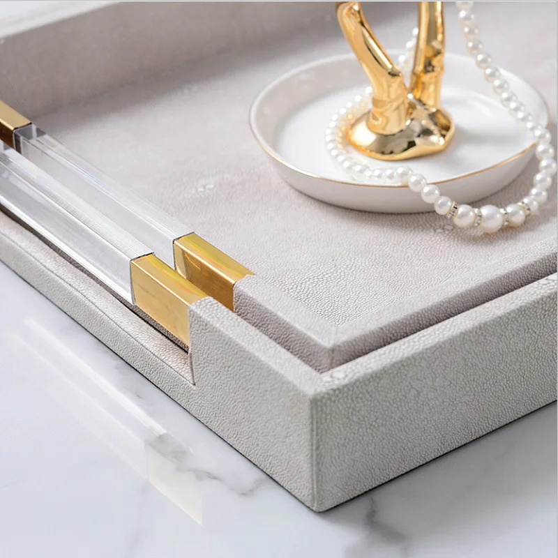 Metal Tray Leather Acrylic Rectangular Beige Storage Plate Jewelry Display Serving Decoration Home Kitchen Organizer Supplies