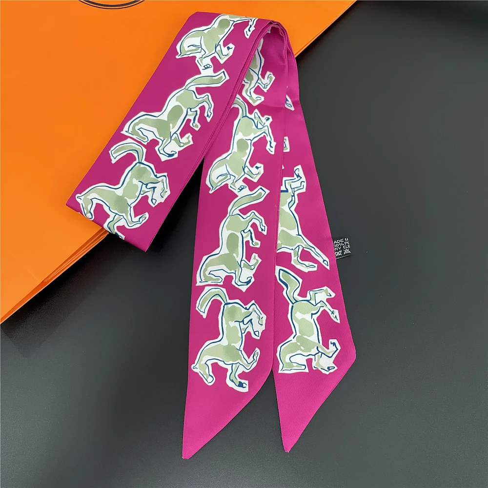 Fashion Women Scarf 2024 Brand Design Luxury Silk Scarf Fashion Horse Print Hair Headband Skinny Bag Scarves Neckerchief