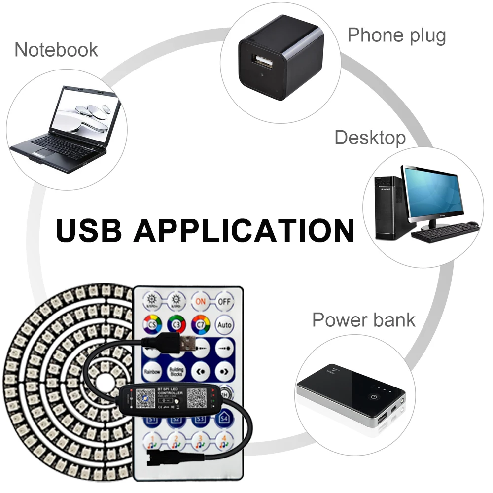 Anillo Led direccionable individualmente WS2812B 5050 RGB con USB 28 teclas Kit de controlador de música Bluetooth BuiIt-in 8/16/24/35/45 píxeles