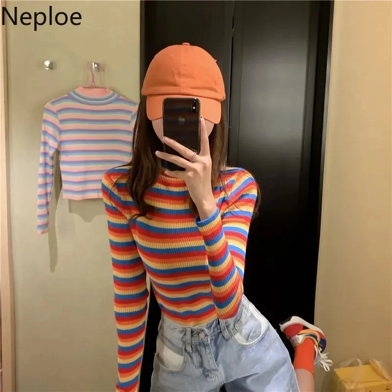 Neploe Rainbow Striped Sweater Y2K Cropped Tops Turtleneck Long Sleeve Pullover Women Sweaters Korean Patchwork Clothes Pull