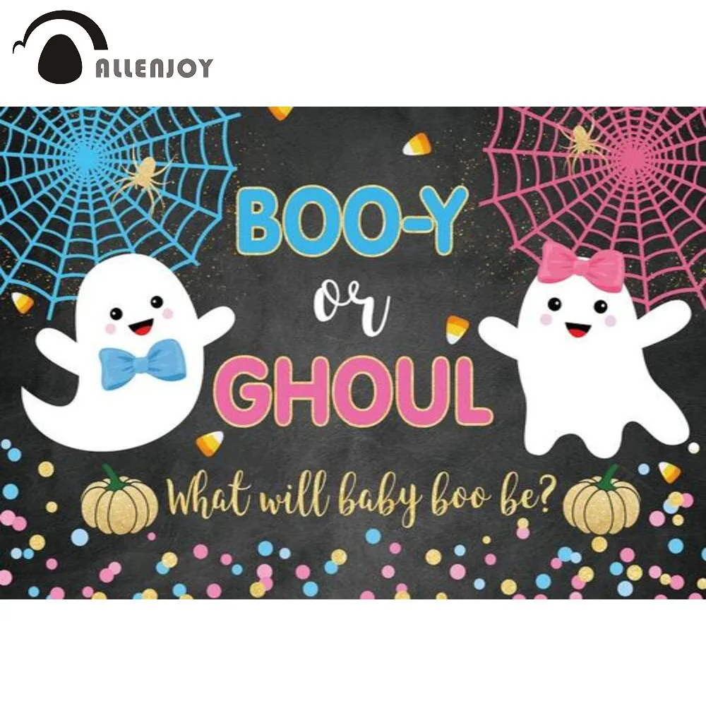 Allenjoy Boy or Girl Gender Reveal Party Baby Shower Birthday Background Halloween Pumpkin Ghosts Spider Web Dots Photo Backdrop