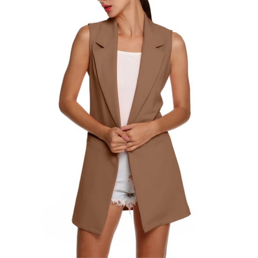 Women Vest Sleeveless Design Solid Color Lapel Vest Solid Color Sleeveless Slims Fit Long Lapel Pocket Waistcoat Formal