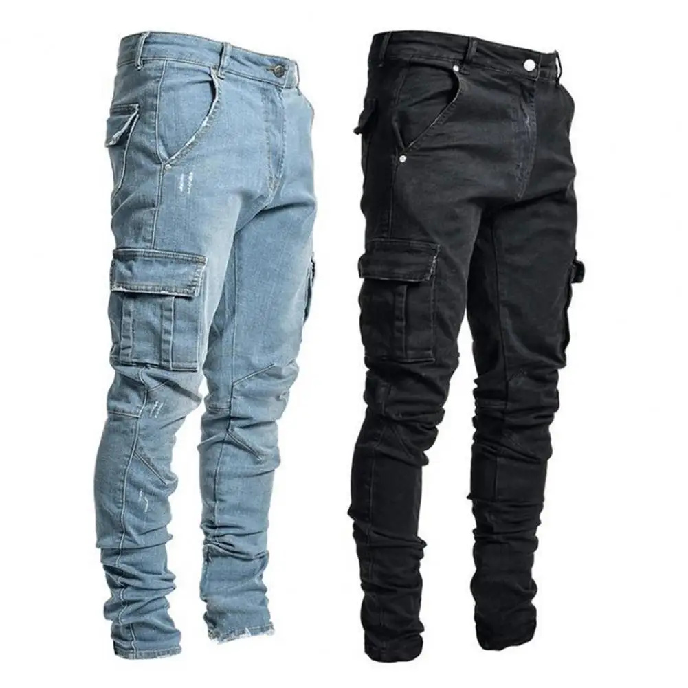 

Multi Pockets Men Jeans Solid Color Denim Mid Waist Stretchy Skinny Jeans Trousers