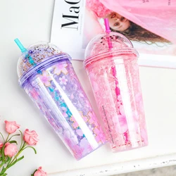 Creative Water Cup Cute Student Gradient Color Cherry Plastic Bottle Tea Milk Drink Cup Coffe Mug Double-layer Cooling Straw Cup