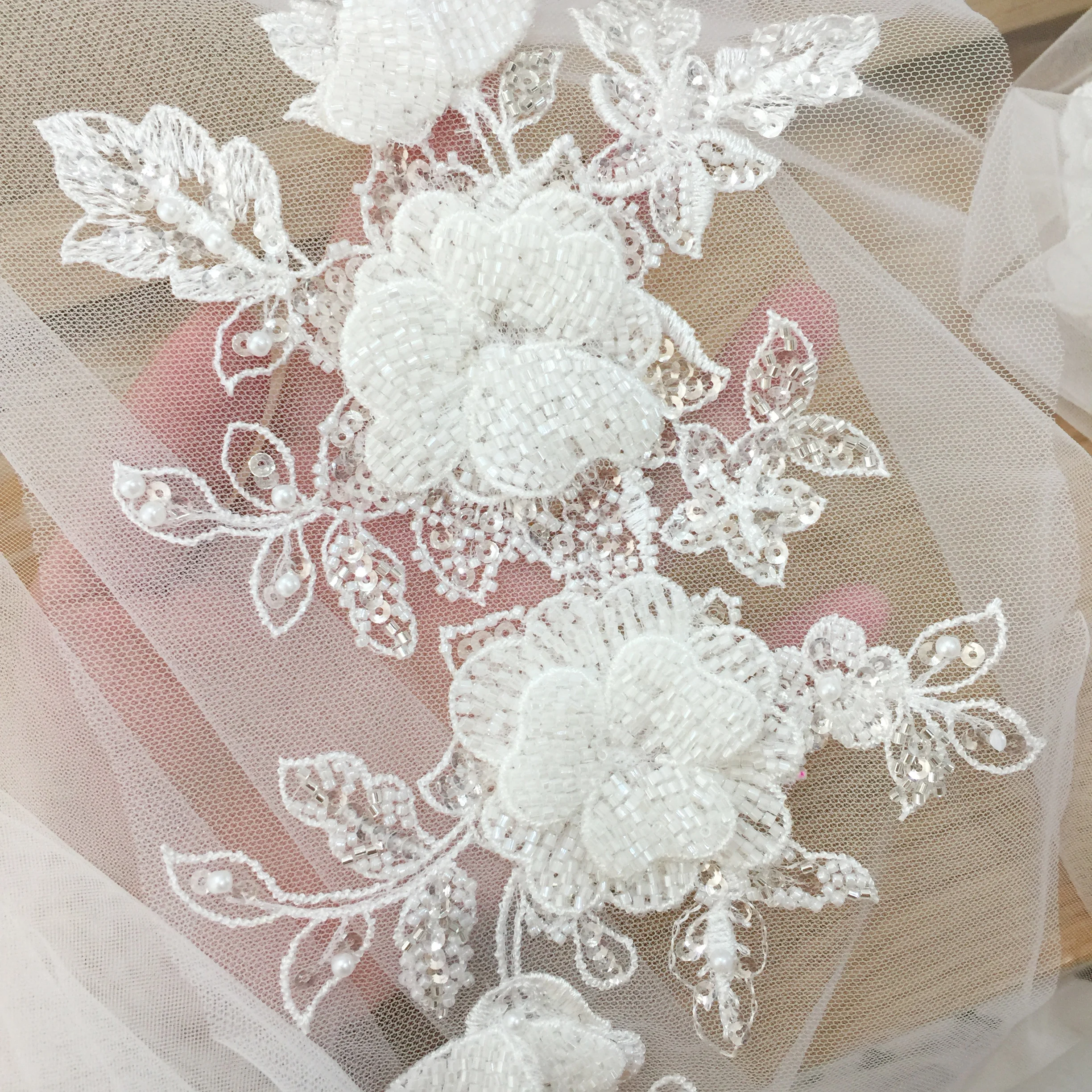 Haute Couture Rhinestone Beaded 3D Flower Lace Applique Bridal Hair Flower Wedding Headpiece Cape Veil Patch Motif