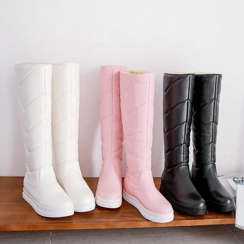 Winter Warm Plush Knee High Boots Women comfy Flat Heel Snow Boots Slip On Platform Woman Long Boots Shoes Black Pink White 2019