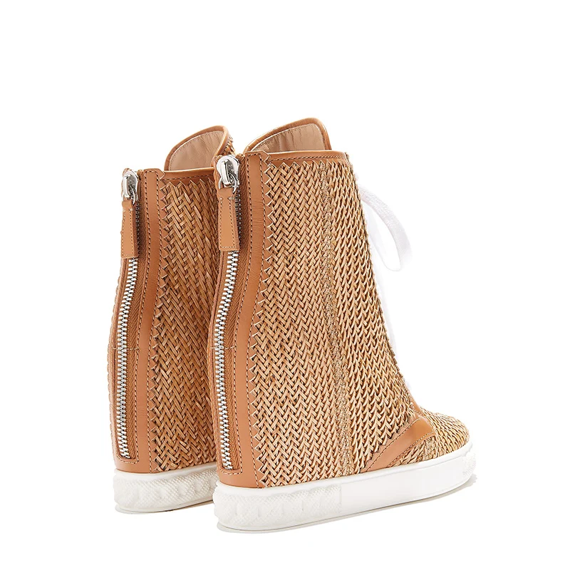 Popular Woman Cane Leather Cross Braided Hidden Wedge Ankle Boots Rattan Plaited Lace Up Boots Zipper High Top Sneaker