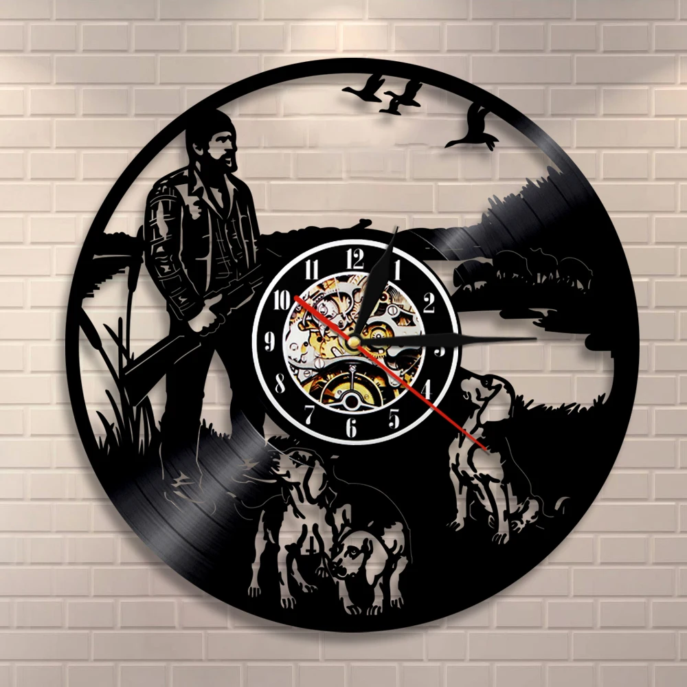 Hunter Rifle Dog Nature Vinyl Record Wall Clock Decor Hunting Shot Hobby Art Hanging Watch Time Clock Cynegetics Courser Gift