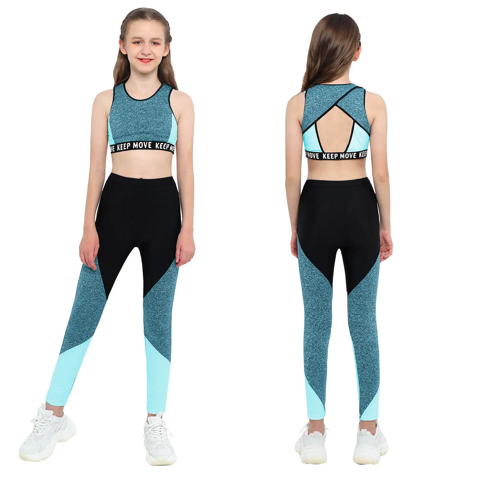Kinder Mädchen Sportswear Workout Gymnastik Outfits Laufende Sport Oansatz Breiten Schulter Tops + Hosen Kleidung Set Mädchen Active