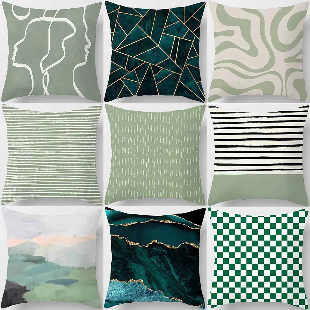 Green-tone printed square pillowcase, home decoration, car sofa cushion cover