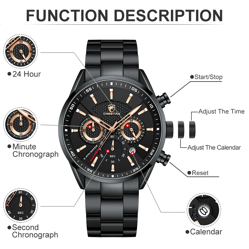 CHEETAH New Watch Top Brand Casual Sport Chronograph Men\'s Watches Stainless Steel Wristwatch Big Dial Waterproof Quartz Clock