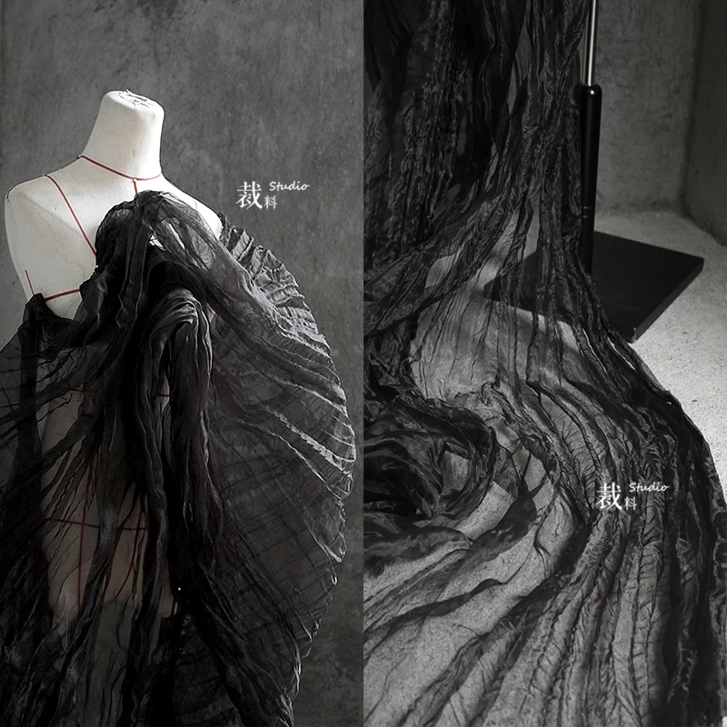 Seaweed black organza pleated corrugated 3d perspective mesh creative designer fabric,clothing patchwork fabric for dress