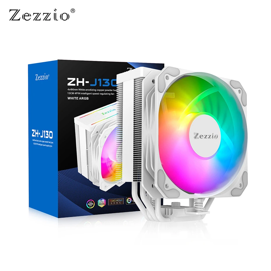 Zezziio-enfriador de CPU de 4 tubos de calor, torre de ventilador de refrigeración de 5V, 3 pines, ARGB, disipador de calor para Intel LGA115X 1200 AMD AM4, Blanco/Negro, ZH-J130