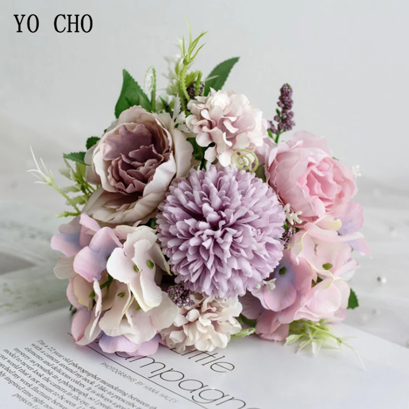 YO CHO Wedding Bouquet Artificial Silk Rose Peony Flower Bride Bouquet Pink Hydrangea Pompom Bud Vanilla Spike Wedding Supplies