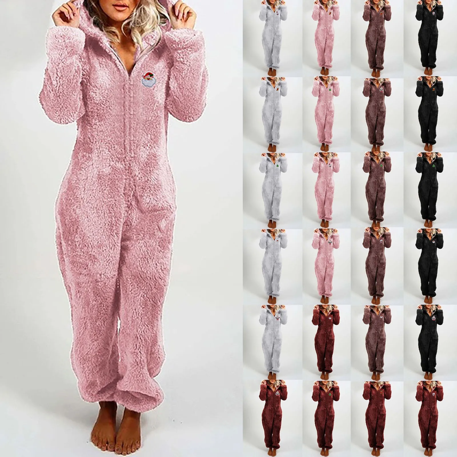 Fashion zipper autumn and winter women\'s hooded pajamas Christmas home clothes warm solid color thick plush jumpsuit multicolor