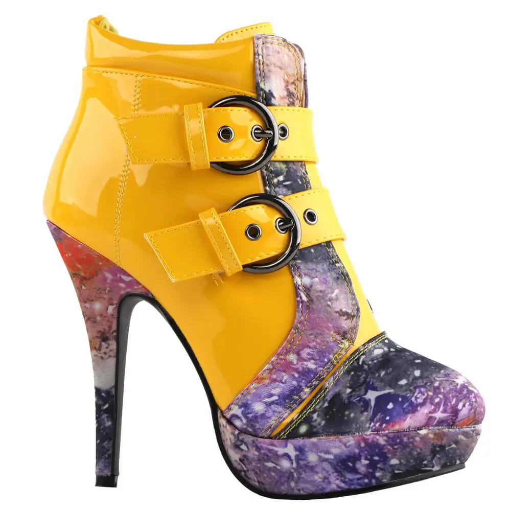 LF30301-1 Buckles Cosmic Galaxy Starry Night Sky High Heel Platform Ankle Boots