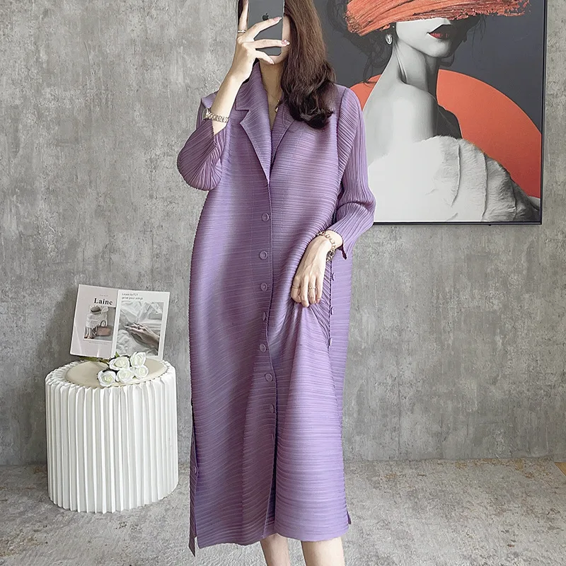 

Changpleat 2021 Autumn New Miyak Pleated Women Dresses Fashion Solid Single-breasted loose large size women's 3/4 sleeve dress