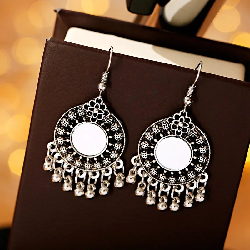2020 New Ethnic Round Mirror Ladies Earrings Oorbellen Summer Boho Bohemia Tassel Earrings For Women