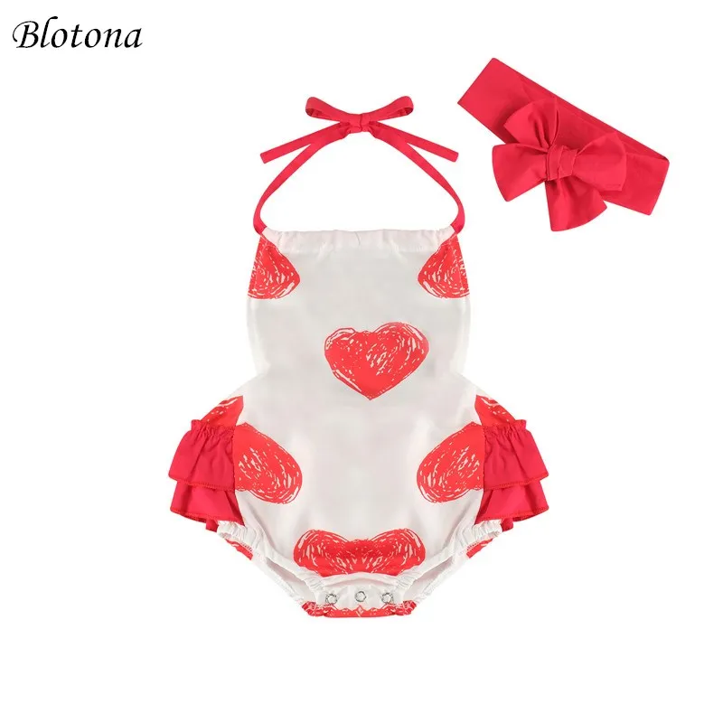 

Blotona Baby Girls Valentine's Day Heart Printed 2Pcs Romper Set, Sleeveless and Backless Halter Bodysuit with Headband 0-24M