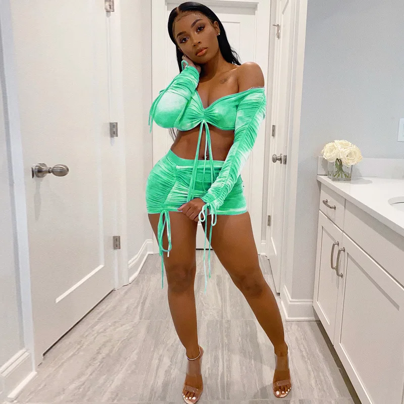 BKLD Off The Shoulder Long Sleeve Crop Tops And Skirts Tie Dye Two Piece Sexy Drawstring Ruched Women 2 Piece Set Party Clubwear