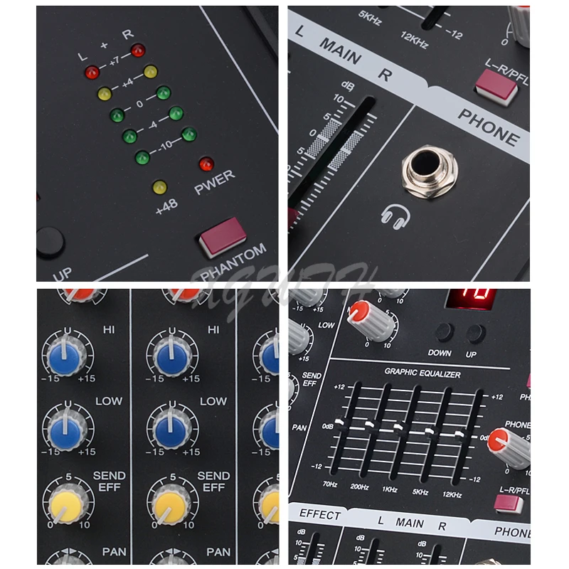 Mezclador amplificador de 6 canales con 2 micrófonos inalámbricos de mano, micrófono cardioide dinámico, Bluetooth, USB, consola de mezcla de efectos DSP 16