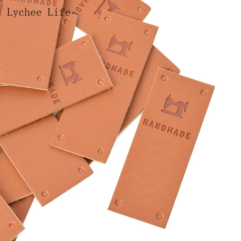 Lychee Life 24Pcs/lot Made With Love Handmade PU Leather Labels Rectangle Shaped Garment Label Tags Diy Sewing Crafts