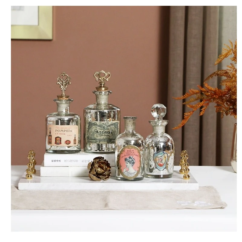 Nostalgic Perfume Bottle Handmade Silver Glass Brass Cap Retro Essential Oil Storage Container Glass Bottle Creative Ornaments