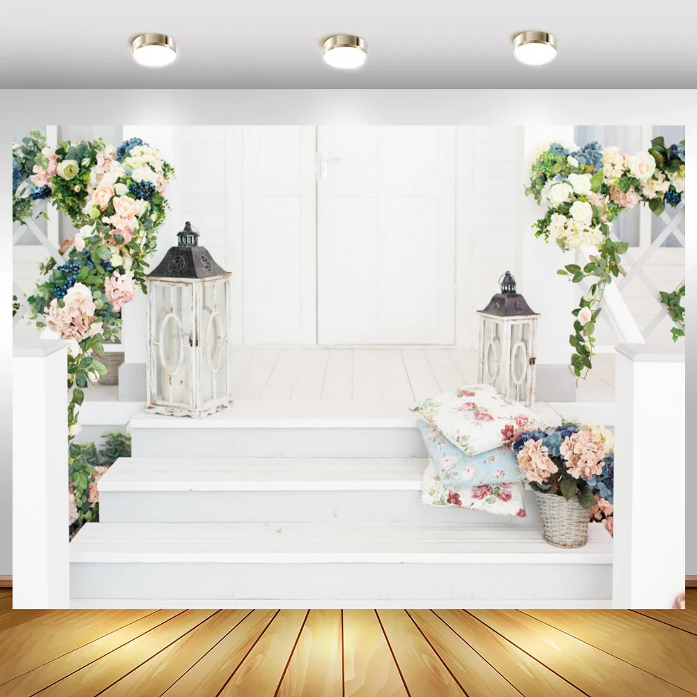 

Laeacco Spring Flowers Lantern Gray Staircase Party Living Room Portrait Photo Backgrounds Photography Backdrops Photo Studio